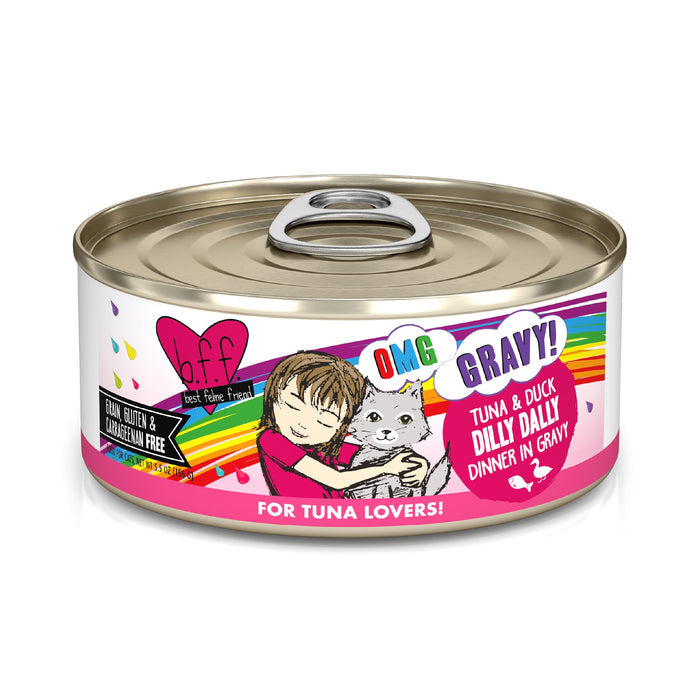 A can of BFF Best Feline Friend Tuna & Duck Dilly Dally cat food, made with wild-caught tuna and cage-free duck. The label features colorful graphics of a girl hugging a gray cat, rainbows, and product details—perfect for gravy-loving cats.