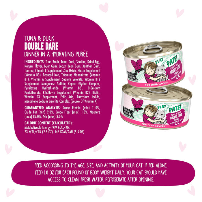Two cans of BFF Best Feline Friend Tuna & Duck Double Dare cat food are shown with ingredient and nutrition info, featuring wild-caught tuna and cage-free duck. Playful pink hearts and a feeding guide appear at the bottom for cat owners.