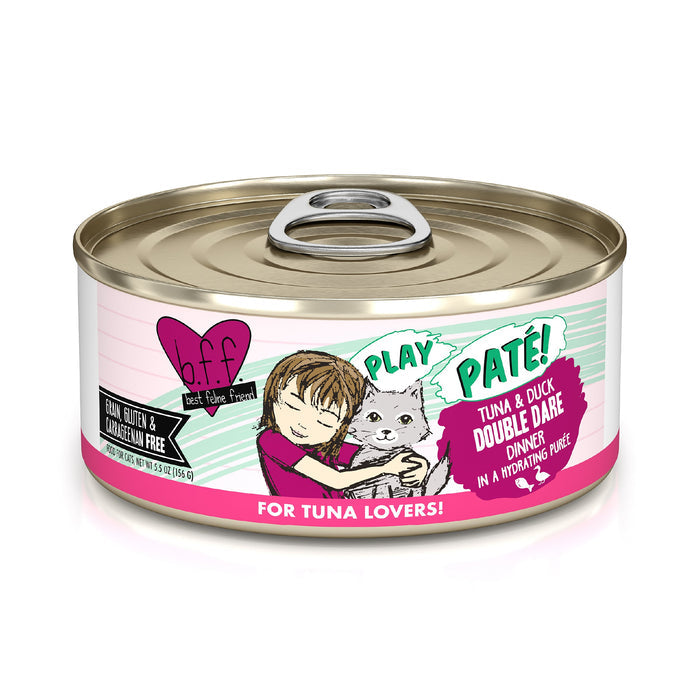 A can of BFF Best Feline Friend Tuna & Duck Double Dare cat food, featuring wild-caught tuna and cage-free duck, has a label with a child hugging a gray cat. Grain free and gluten free—perfect for tuna lovers.