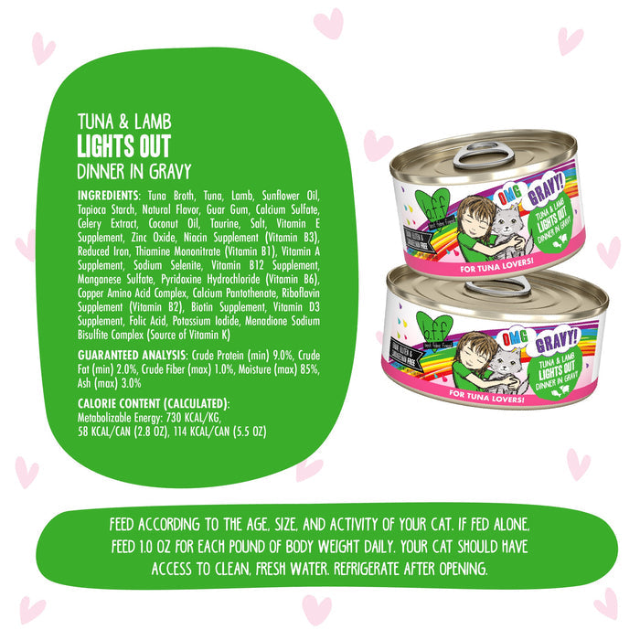 Two cans of BFF Best Feline Friend Tuna & Lamb Lights Out cat food. Ingredients, guaranteed analysis, calorie info, and feeding instructions are shown on a white background with green and pink heart accents.