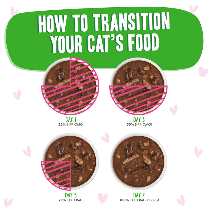 Infographic shows four bowls of cat food labeled Days 1, 3, 5, and 7, illustrating how to gradually transition gravy-loving cats to BFF Best Feline Friend Tuna & Lamb Lights Out over one week.