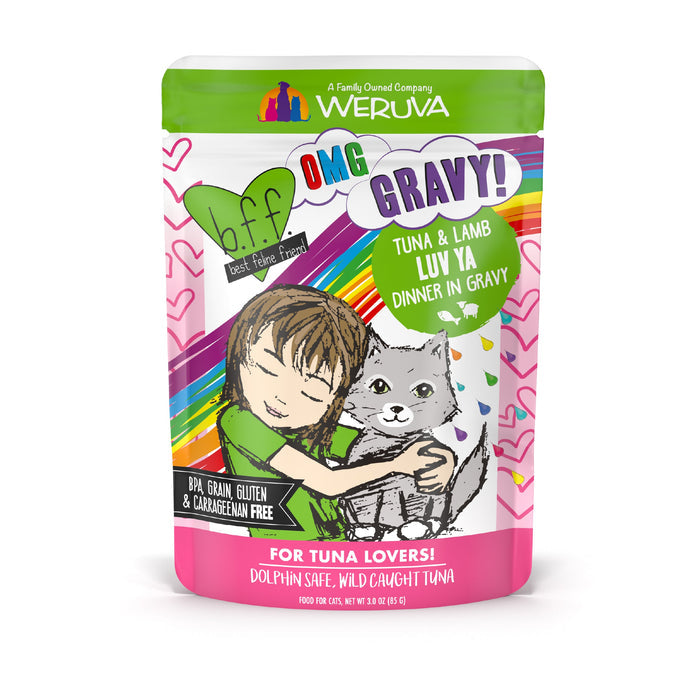 A colorful pouch of BFF Best Feline Friend Tuna & Lamb Luv Ya cat food, featuring wild-caught tuna and grass-fed lamb in gravy. The package shows a child hugging a gray cat, rainbow hearts, and product details—great for gravy-loving cats.