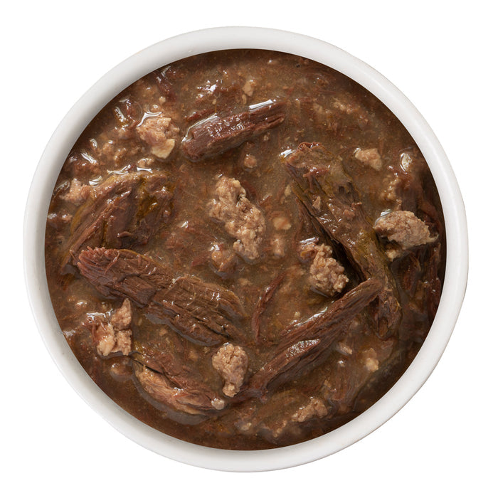 A white bowl filled with chunky brown Tuna & Lamb Luv Ya stew by BFF Best Feline Friend, viewed from above on a white background.