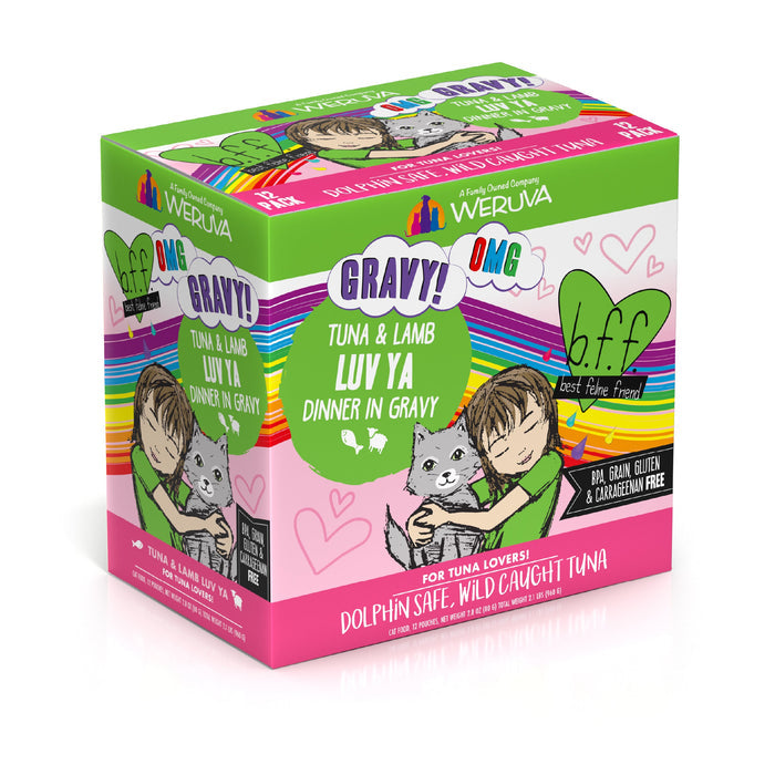 A vibrant box of BFF Best Feline Friend Tuna & Lamb Luv Ya cat food, made with wild-caught tuna and grass-fed lamb, features a girl hugging a gray cat with hearts and product info on a white background.