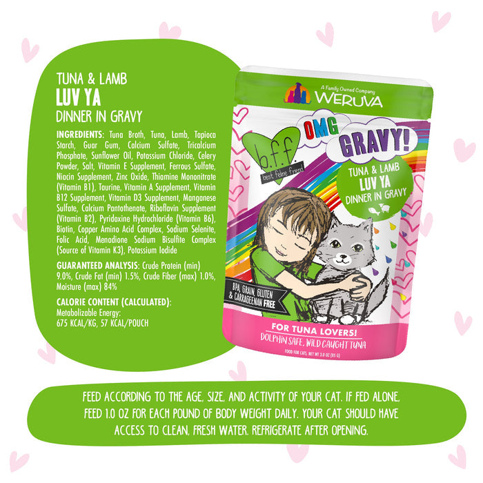The Tuna & Lamb Luv Ya pouch from BFF Best Feline Friend features playful art of a child hugging a cat. Made with grass-fed lamb and wild-caught tuna in savory gravy, it’s ideal for cats who love gravy. Hearts and feeding info decorate the colorful packaging.