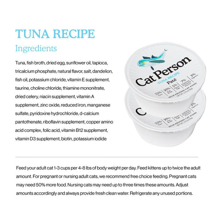 Cat Person Tuna Paté cat food packaging showcases high-quality tuna and balanced nutrition, includes ingredients and feeding instructions, and features a swimming fish illustration plus nutrition details for all cat life stages.