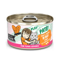 A can of BFF Best Feline Friend Tuna & Salmon Oh Snap! Play Paté cat food, grain free, with wild-caught tuna and salmon in a hydrating purée; label shows a child hugging a gray cat and says "For Tuna Lovers!.
