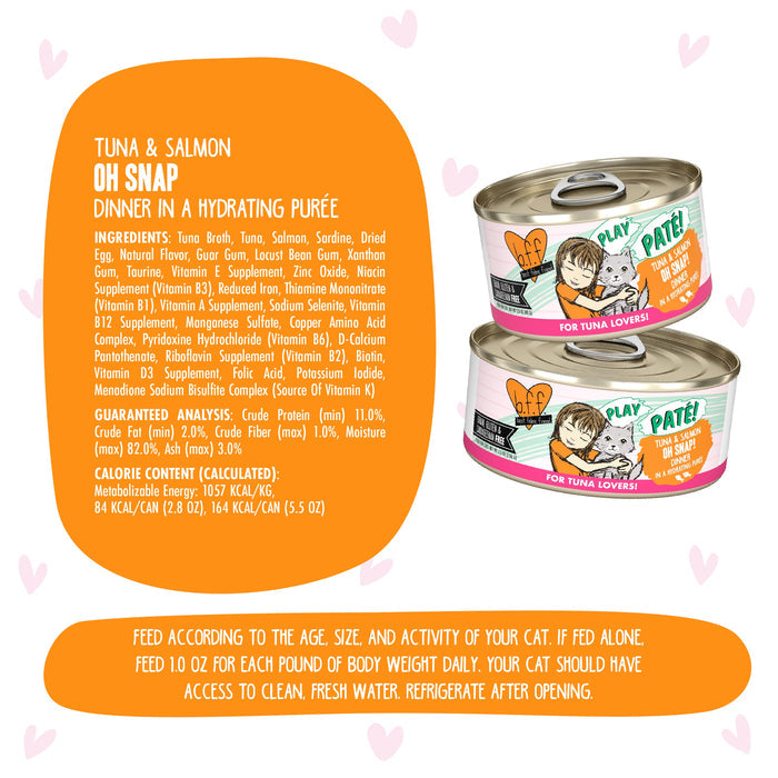 Two cans of BFF Best Feline Friend Tuna & Salmon Oh Snap! cat food with ingredient and nutrition info are shown. The grain-free packs feature playful cat art, colorful labels, and feeding instructions in an orange bubble.