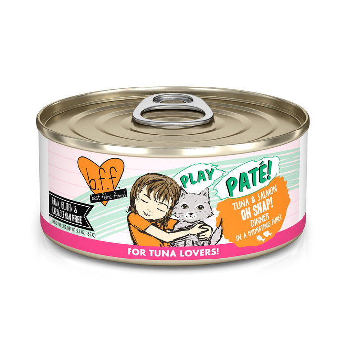 A can of BFF Best Feline Friend Tuna & Salmon Oh Snap! cat food, with wild-caught tuna and salmon in hydrating purée. The label features a child hugging a gray cat and notes it’s grain-free and perfect “For tuna lovers!”.