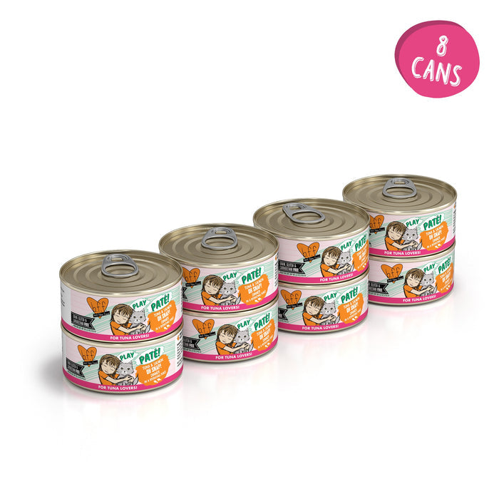 Four stacks of two BFF Best Feline Friend "Tuna & Salmon Oh Snap!" cat food cans are shown. The pink circle reads "8 cans." Made with wild-caught tuna, grain free, and features images of a cat and ingredients on the label.