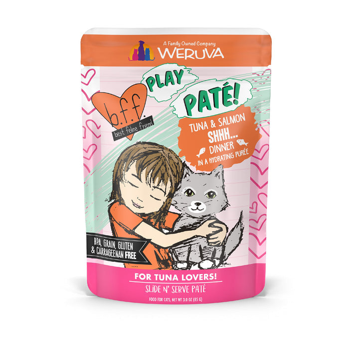 A colorful pouch of BFF Best Feline Friend Tuna & Salmon Shhh... cat food, featuring a cartoon girl hugging a gray cat. The label highlights wild-caught tuna & salmon with sardines in a hydrating purée, and is BPA, grain & carrageenan free.