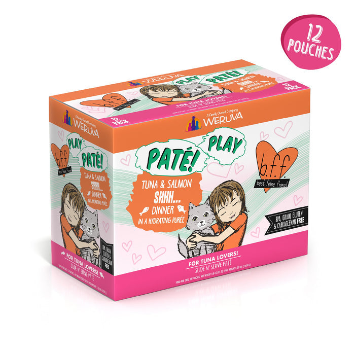 A colorful box of BFF Best Feline Friend Tuna & Salmon Shhh... cat food shows playful art with a girl and her gray cat. Each of the 12 pouches is grain free and made with wild-caught tuna for your happy, healthy kitty.