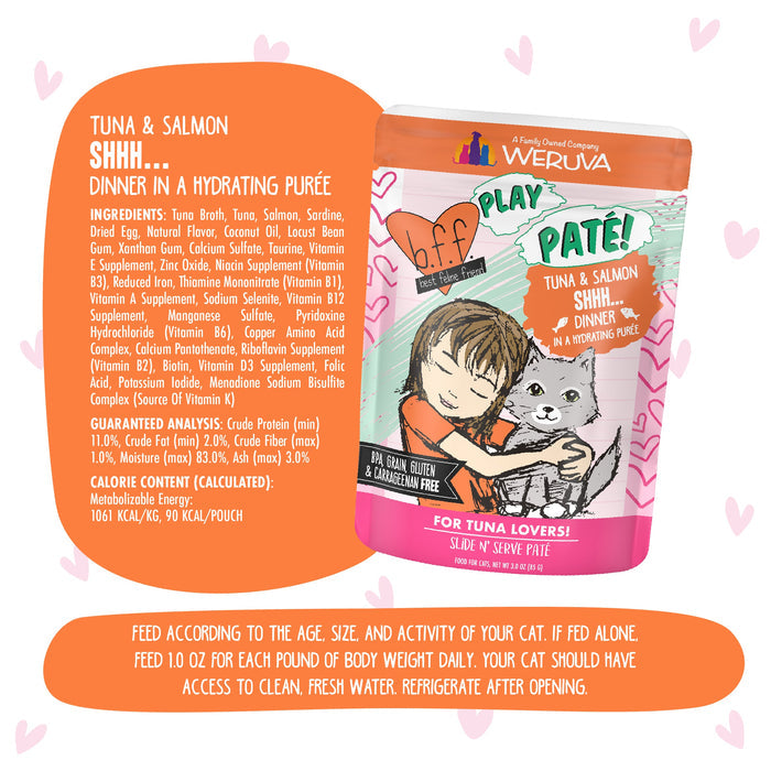 A pouch of BFF Best Feline Friend Tuna & Salmon Shhh... cat food features a colorful design with a cartoon girl hugging a gray cat, showcases wild-caught tuna in its grain-free recipe, and displays nutrition info on an orange background.