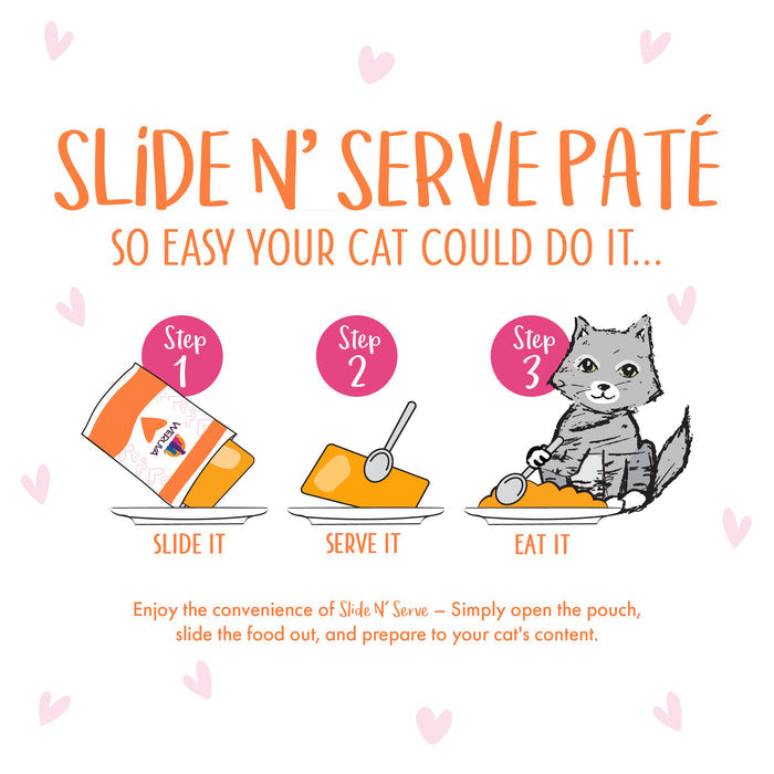 Illustration shows three steps to serve BFF Best Feline Friend Tuna & Salmon Shhh...: 1. Slide paté from pouch to plate, 2. Serve, 3. Happy cat eats. Text: Slide N Serve Paté—so easy your cat could do it.