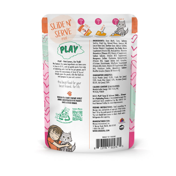 The back of a BFF Best Feline Friend Tuna & Salmon Shhh... pouch features playful text, a cat illustration, grain-free wild-caught tuna ingredients, feeding instructions, and a drawing of a child hugging a gray cat at the bottom left.