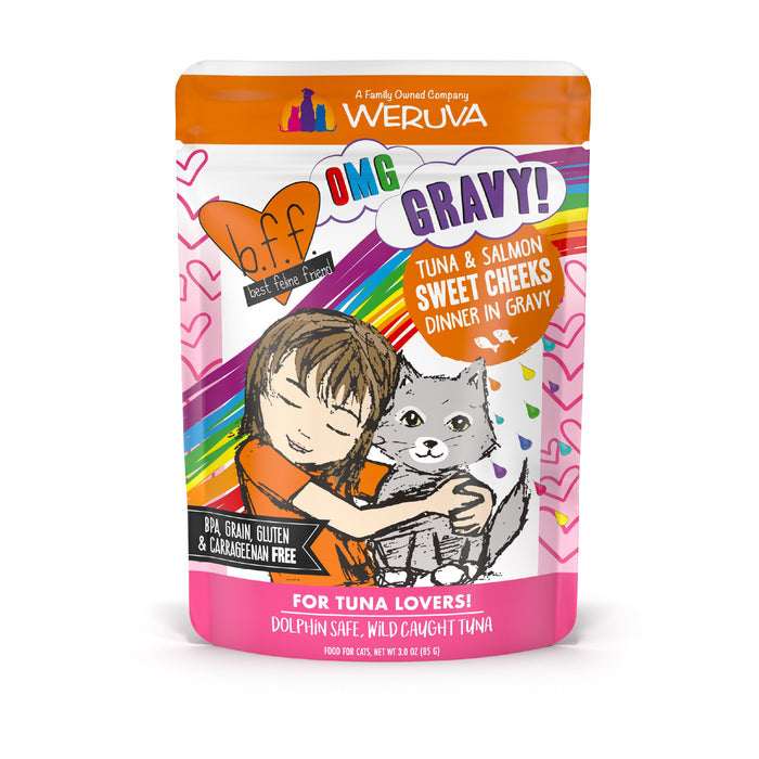The BFF Best Feline Friend Tuna & Salmon Sweet Cheeks cat food pouch features rainbow patterns, a child hugging a gray cat, and product details. Made with wild-caught tuna and salmon in gravy for cats who love savory flavors.