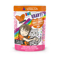 The BFF Best Feline Friend Tuna & Salmon Sweet Cheeks cat food pouch features rainbow patterns, a child hugging a gray cat, and product details. Made with wild-caught tuna and salmon in gravy for cats who love savory flavors.