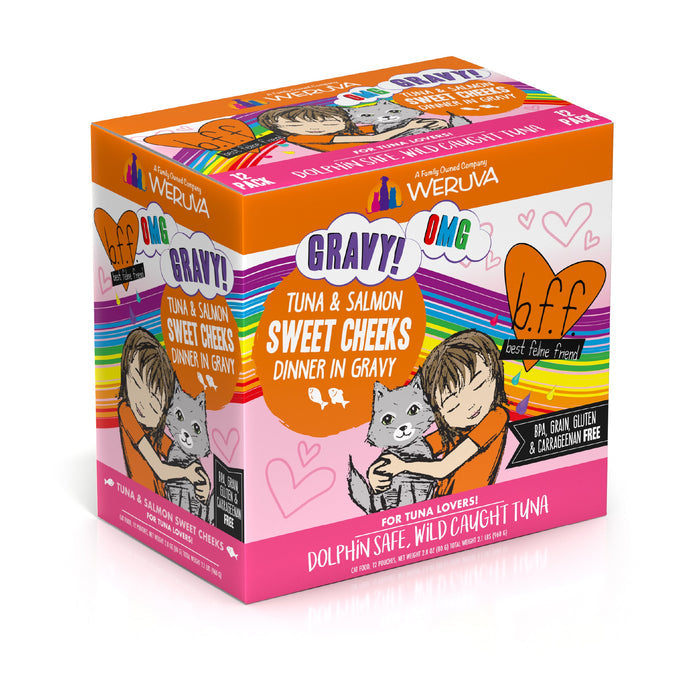 Colorful box of BFF Best Feline Friend Tuna & Salmon Sweet Cheeks cat food, made with wild-caught tuna for gravy-loving cats; features a girl hugging a gray cat, pink hearts, and product details on the label.