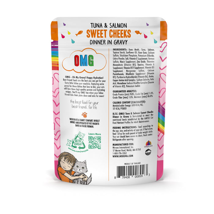 A white bag labeled "BFF Best Feline Friend Tuna & Salmon Sweet Cheeks," ideal for gravy-loving cats craving wild-caught tuna flavor.