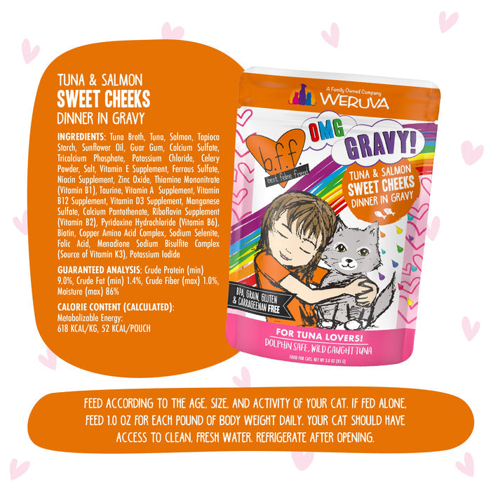 The BFF Best Feline Friend Tuna & Salmon Sweet Cheeks pouch features a child hugging a gray cat, with ingredients and instructions on a white and orange background. Made with wild-caught salmon, it’s ideal for cats who love gravy.