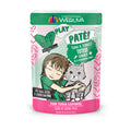 A colorful pouch of BFF Best Feline Friend Tuna & Turkey Totes! cat food shows a child hugging a gray cat, with green and pink accents. The grain free pâté features wild-caught tuna, turkey & sardines and is BPA, gluten & carrageenan free.