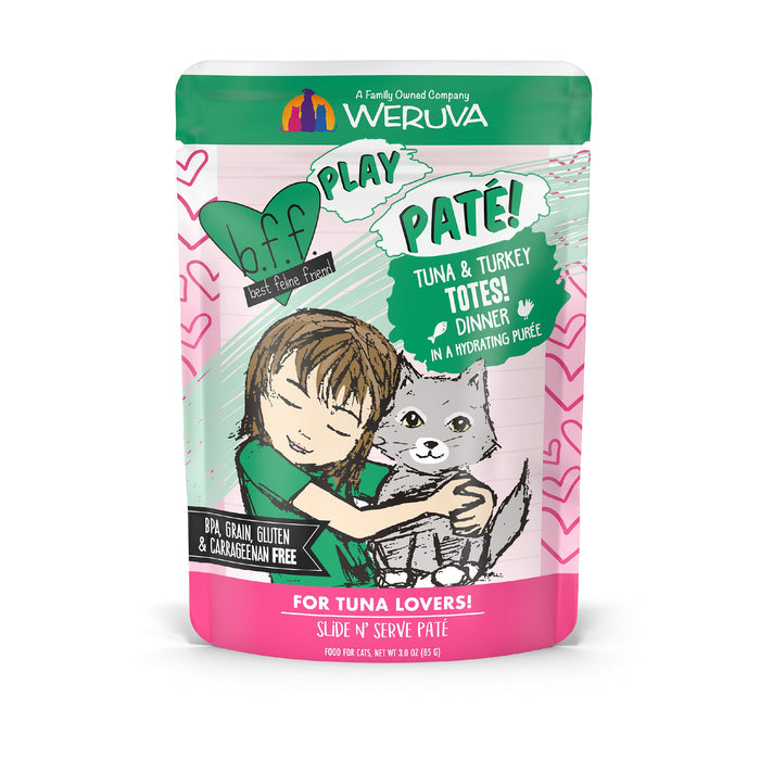 A colorful pouch of BFF Best Feline Friend Tuna & Turkey Totes! cat food shows a child hugging a gray cat, with green and pink accents. The grain free pâté features wild-caught tuna, turkey & sardines and is BPA, gluten & carrageenan free.
