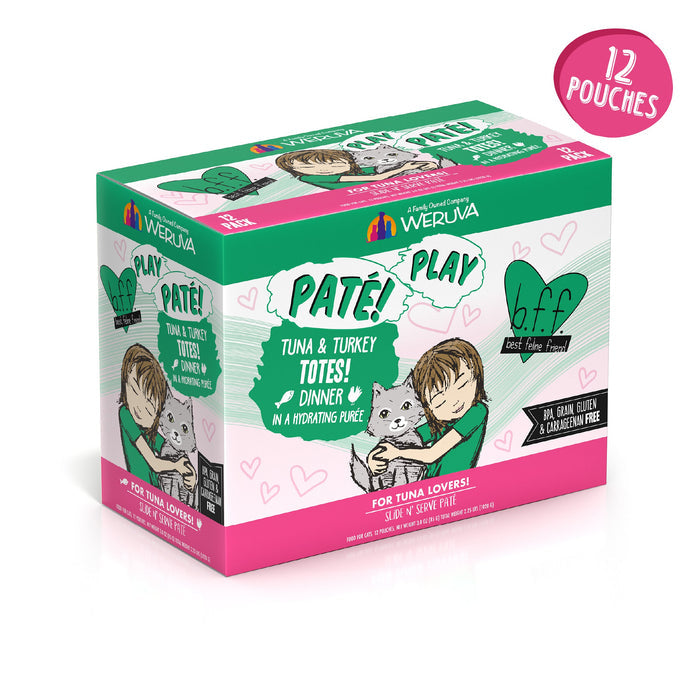A colorful BFF Best Feline Friend “Tuna & Turkey Totes!” cat food box features a cartoon girl hugging a gray cat, green and pink design, wild-caught tuna, and displays “12 pouches” at the top right.
