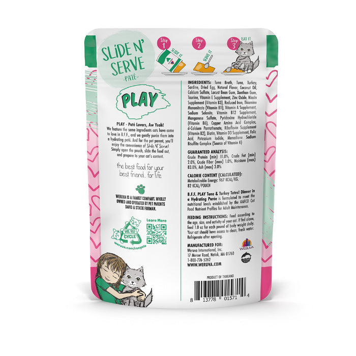 Back of a colorful, grain-free cat food pouch labeled BFF Best Feline Friend Tuna & Turkey Totes!, showing ingredients, nutrition info, feeding guidelines, a drawing of a girl hugging a cat, and playful heart designs along the sides.