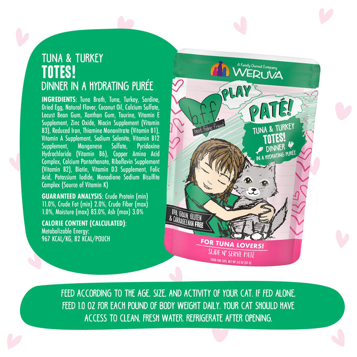 A BFF Best Feline Friend Tuna & Turkey Totes! cat food pouch displays colorful art of a child hugging a cat. Made with wild-caught tuna, this grain-free recipe lists ingredients and feeding guidelines on a bright background.