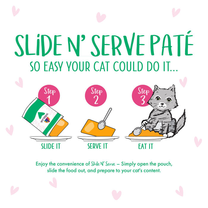 An illustrated guide shows three steps for serving BFF Best Feline Friend Tuna & Turkey Totes! grain free cat paté: sliding from pouch, serving on a plate, and a happy gray cat eating. Text reads Slide N’ Serve Paté: So easy your cat could do it.