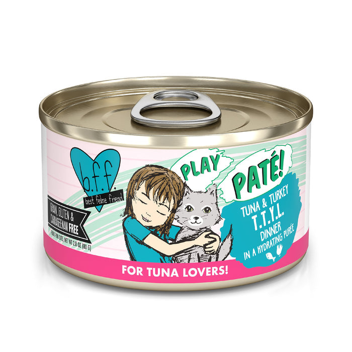 A can of BFF Best Feline Friend Tuna & Turkey T.T.Y.L. cat food in hydrating purée, with wild-caught tuna, features a child hugging a cat illustration and "For Tuna Lovers!" on a pink band at the bottom.