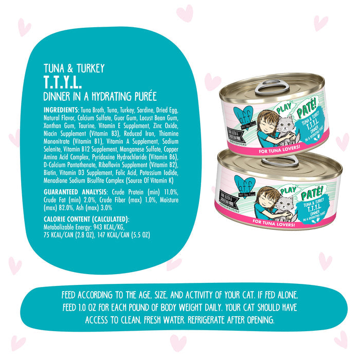 Two cans of BFF Best Feline Friend Tuna & Turkey T.T.Y.L. cat food, grain free with wild-caught tuna in hydrating purée, plus visible ingredients, nutrition info, and feeding instructions on a white background with pink hearts.