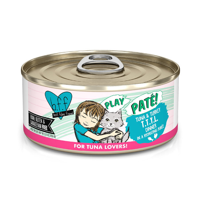 A can of BFF Best Feline Friend Tuna & Turkey T.T.Y.L. cat food shows a child hugging a gray cat with turquoise and pink accents, labeled as grain free, gluten- and carrageenan-free wild-caught tuna and turkey dinner.