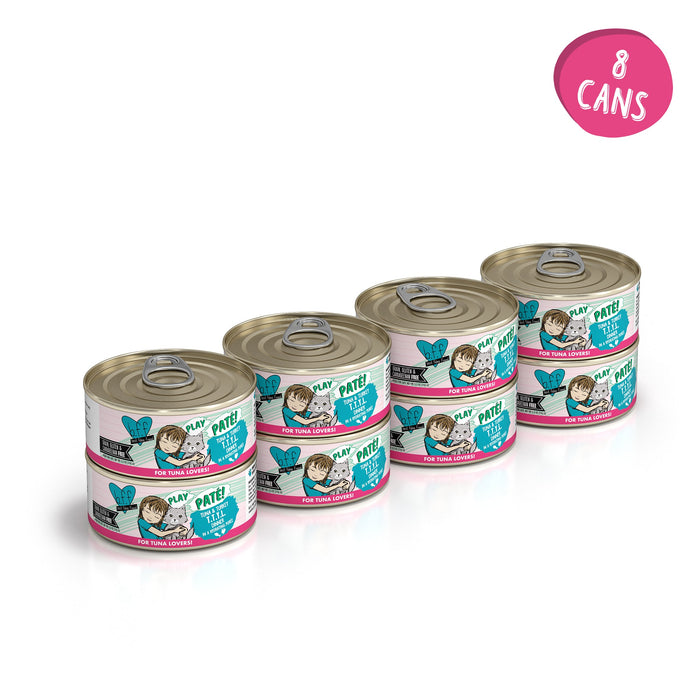 Four pairs of stacked BFF Best Feline Friend Tuna & Turkey T.T.Y.L. grain free cat food cans with teal, pink, and white labels are arranged in a row on a white background. A pink circle in the top right corner says “8 cans” in white.