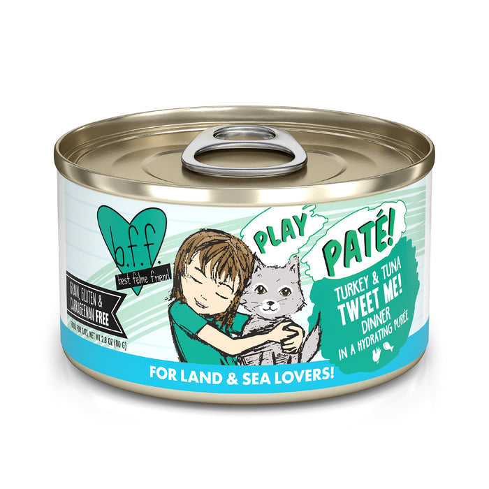 A can of BFF Best Feline Friend Turkey & Tuna Tweet Me! cat food comes in a hydrating purée with wholesome, gluten- and grain-free ingredients, featuring playful packaging of a child hugging a gray cat.