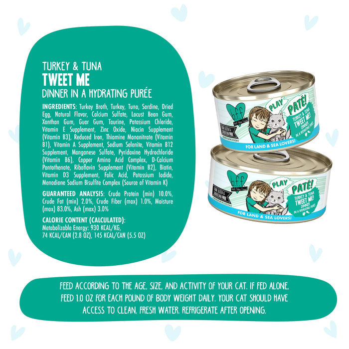 Two cans of BFF Best Feline Friend Turkey & Tuna Tweet Me! cat food are shown on a white background with blue hearts. The labels feature a cat illustration, while the ingredients, nutritional info, and grain-free feeding guide appear beside them.