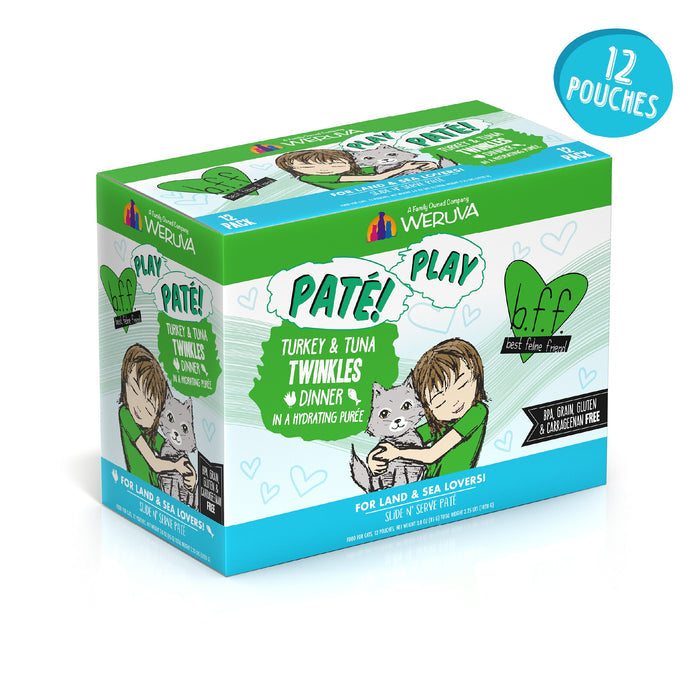 A colorful box of BFF Best Feline Friend Turkey & Tuna Twinkles cat food, featuring wild-caught tuna, with a cartoon child hugging a gray cat. Includes 12 grain-free pouches.