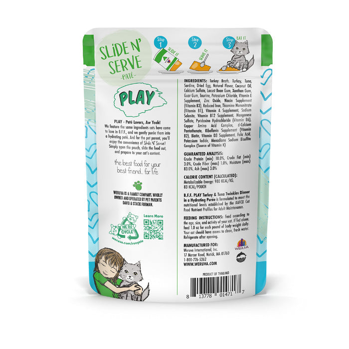 Back of a BFF Best Feline Friend Turkey & Tuna Twinkles pouch, with grain free turkey or tuna, guaranteed analysis, feeding instructions, company info, and an illustration of a woman hugging her cat in white, green, and blue.
