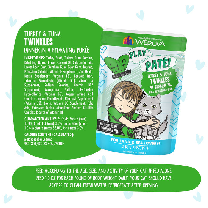 A colorful pouch labeled BFF Best Feline Friend Turkey & Tuna Twinkles features grain free ingredients, an illustrated child and cat, ingredient list, feeding instructions, and blue heart accents on a white background.