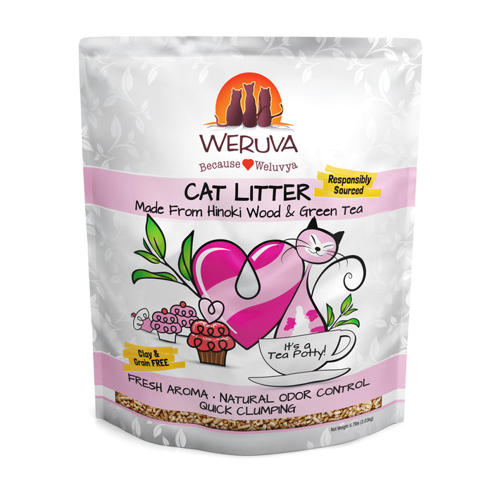 Weruva Cat Litter by Weruva comes in a white bag with pink/purple accents, a heart-shaped teapot, cat drawing, and tea leaves. The packaging highlights Hinoki Wood for odor control, quick clumping, and eco-friendly, all-natural ingredients.