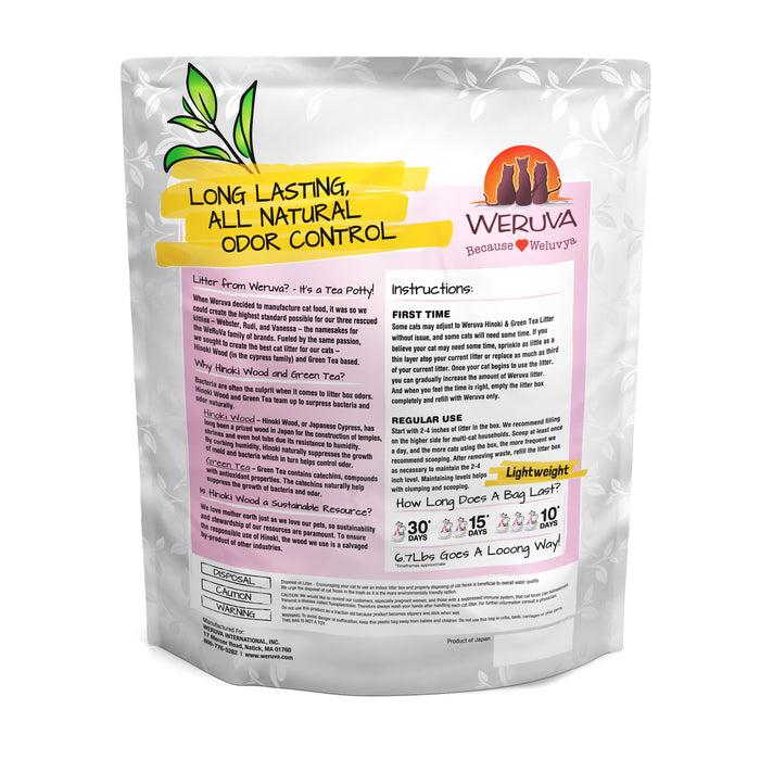 Back of Weruva Cat Litter bag, featuring all-natural odor control with Hinoki Wood, usage instructions, and icons for benefits like lightweight design and long-lasting freshness from the Weruva brand.