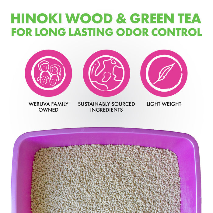A pink Weruva Cat Litter box with all-natural pellet litter is shown beneath three icons and text highlighting Weruva's Hinoki Wood & green tea formula for long-lasting odor control, sustainability, light weight, and family ownership.