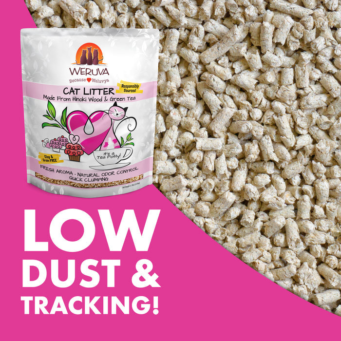 A bag of Weruva Cat Litter by Weruva sits on a pink background beside a close-up of the all-natural pellets. Below, bold white text reads: LOW DUST & TRACKING!.