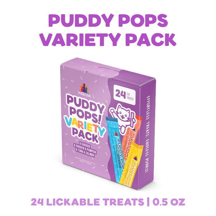 A purple box of Weruva Puddy Pops Lickable Cat Treat Variety Pack is shown with colorful packets and text reading, “Puddy Pops Variety Pack” and “24 lickable treats | 0.5 oz.”.
