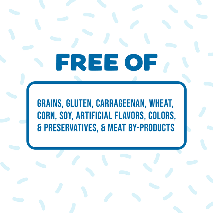 Weruva Puddy Pops Lickable Cat Treat Variety Pack: FREE OF grains, gluten, carrageenan, wheat, corn, soy, artificial flavors, colors & preservatives, and meat by-products. Blue confetti-style background with central box highlights benefits.