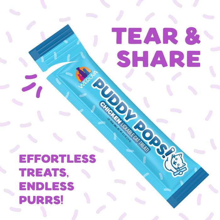 A blue packet labeled Weruva Puddy Pops Lickable Cat Treat Variety Pack features a cat and chicken, with purple sprinkles. Text reads: “Tear & Share” and “Effortless, hydrating cat treats for endless purrs!” Brand: Weruva.