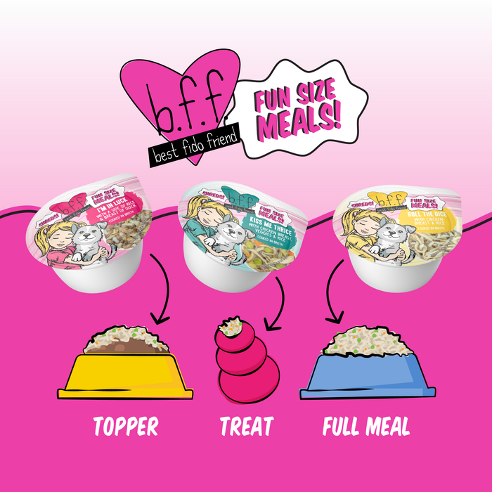Three cartoon pet food cups labeled "BFF Best Fido Friend Wham Bam" are shown with arrows to bowls marked Topper, Treat, and Full Meal on a pink background—great for serving chicken dog food or making a delicious dog dinner.