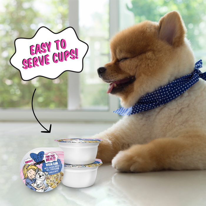 A fluffy brown dog in a blue polka dot bandana sits beside two Wham Bam chicken dog food cups by BFF Best Fido Friend. The packaging has a label, cartoon image, and a speech bubble saying EASY TO SERVE CUPS! pointing to the meal.
