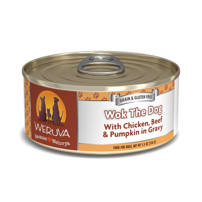 A can of Weruva Wok The Dog dog food with grass-fed beef, white breast chicken, and pumpkin in gravy. Grain and gluten free, the orange-brown label features two dog silhouettes for a wholesome mealtime.