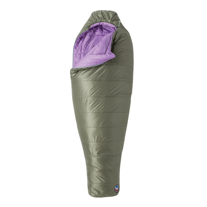 Green sleeping bag with purple interior on a white background